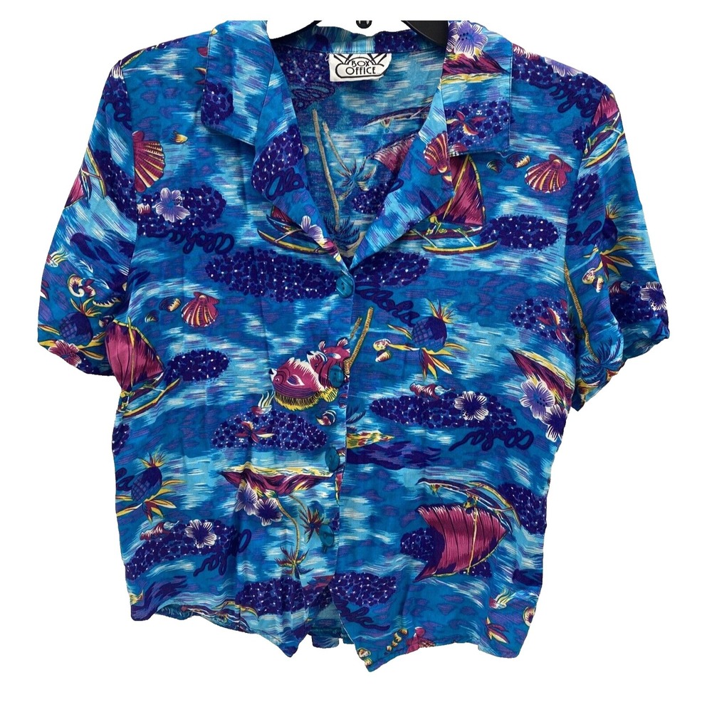 Box Office Island Womens Small button up Shirt Multicolor Short Sleeve Aloha VTG